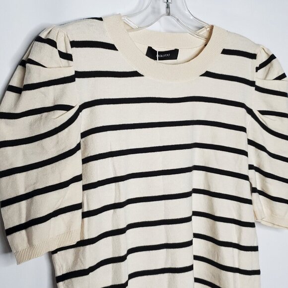 Dokotoo Striped Sweater Sz L Cream Ivory Black Short Puff Sleeve Preppy - Picture 2 of 5